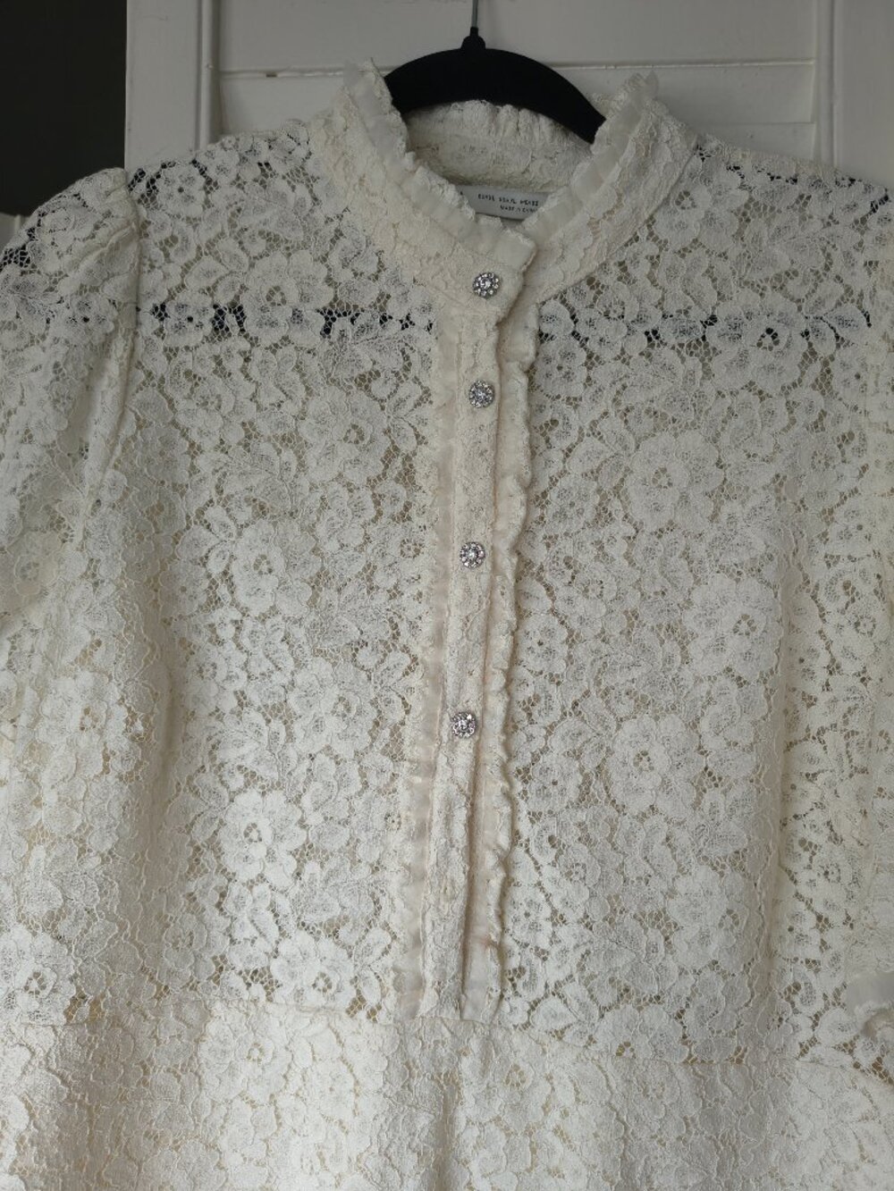 Zara Cream Floral Lace Ruffle Dress w/ Crystal Rhinestone Buttons Boho